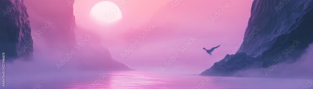 Poster dinosaur leaps from cliff in hazy mystical landscape scenery