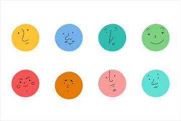 Round abstract comic Faces with various Emotions. Crayon drawing style. Different colorful characters. Cartoon style. Flat design. Hand drawn trendy Vector illustration.