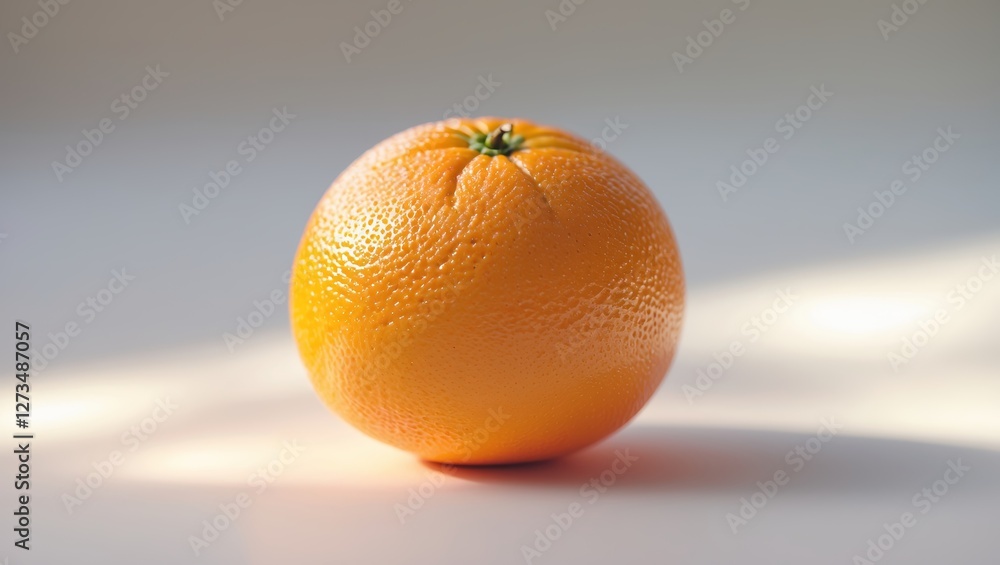 Poster fresh orange resting on a light surface with soft shadows in the background during afternoon light