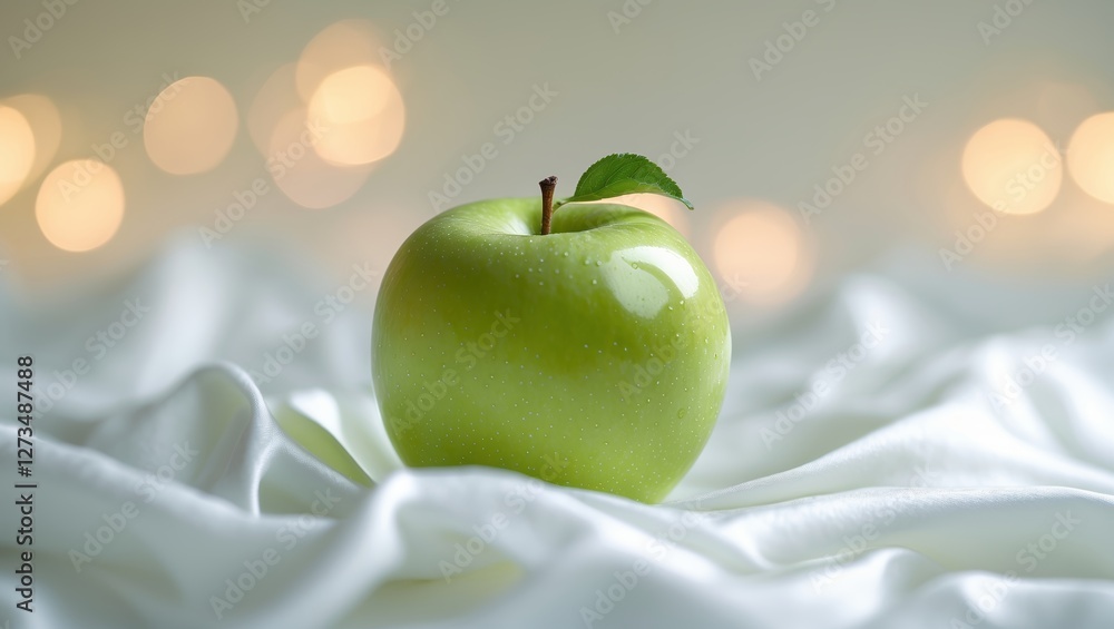 Poster glowing green apple resting on soft fabric with warm bokeh background in serene setting