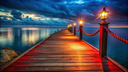 Obraz premium Nightfall's embrace: an empty red wooden dock, ocean view, ropes, lamps illuminating the seascape.
