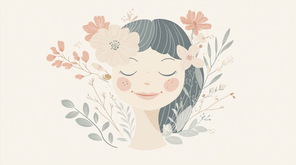 Happy woman with floral decorations in soft pastel colors