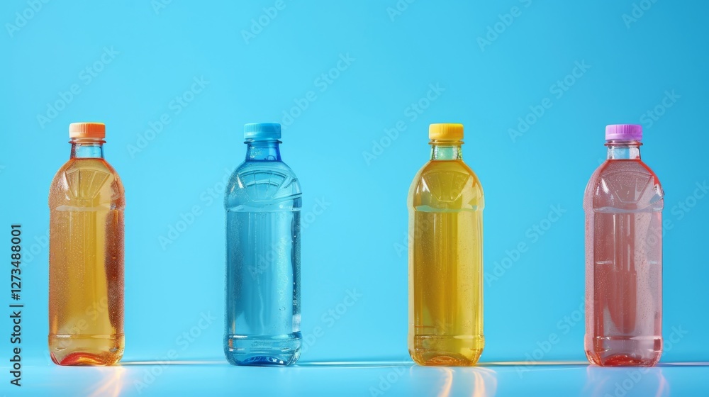 Poster brightly colored bottles of drinks rest on a smooth surface, showcasing their vibrant hues of orange