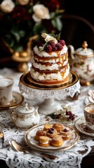 Elegant vintage tea party with layered cake and fine china