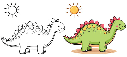 Dinosaur Isolated Line Art Vector Outline Illustration Black and White with Coloring Sample