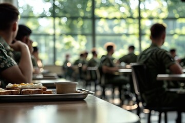 A disciplined military canteen filled with soldiers eating breakfast.