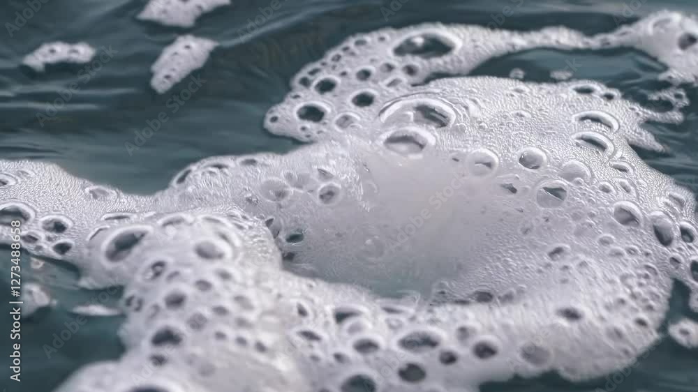 Poster close-up video of soap bubbles on water, capturing the texture and movement from a top-down angle, c