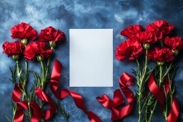 Obraz premium A red carnation and a pink paper envelope with space for text, displayed on a blue background, top view, ideal for holiday themes such as Defender of the Fatherland Day, Women's Day, March 8, and