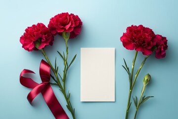 A red carnation and a pink paper envelope with text area, positioned on a blue background, top view, great for holiday backgrounds like Defender of the Fatherland Day