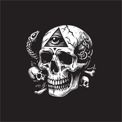 Illustration Vector of skull and snake drawing line black white