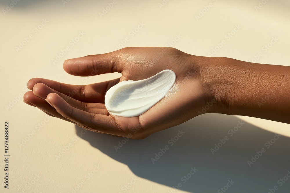 Aufkleber moisturizing cream applied on a hand against a soft background in natural light