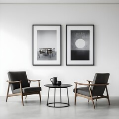 Modern Minimalist Living Room Interior with Armchairs and Artwork