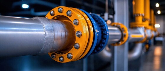 Fototapeta premium Close-up of a metallic pipeline with bolts and fittings in an industrial setting.