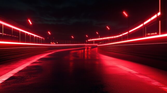 Wet race track at night with red neon lights.