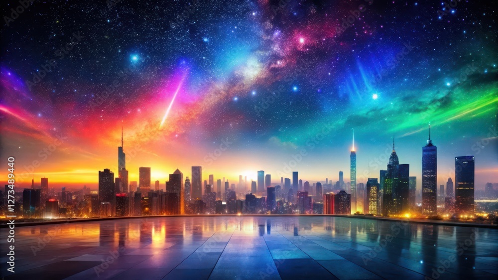 Wall mural spectacular urban skyline at dawn with vibrant celestial phenomena, reflecting on a wet plaza
