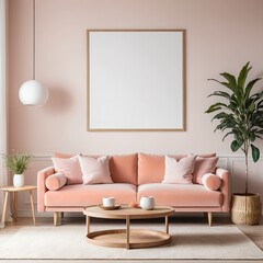Modern Living Room Interior with Pink Sofa and Blank Frame