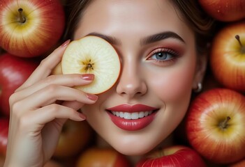 A woman surrounded by red apples, covering one eye with a slice of apple. The image highlights the freshness and appeal of the apples, suggesting themes of health and natural beauty.