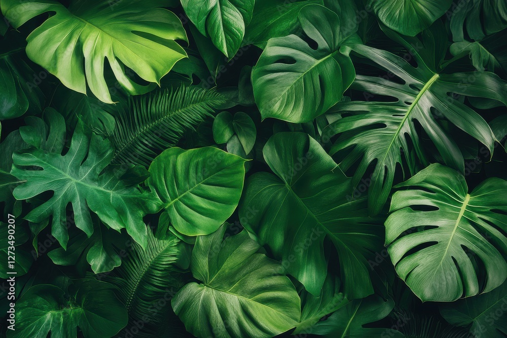 Poster lush assortment of green leaves creating a vibrant natural backdrop in a tropical setting