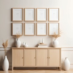 Eight Framed Pictures on Light Wooden Cabinet with Pampas Grass