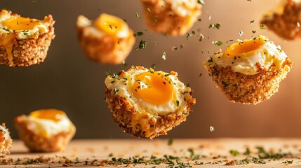A surreal floating composition of cheesy baked egg cups, with herbs, melted cheese, and breadcrumbs suspended in mid-air