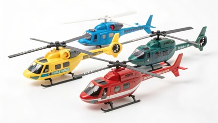 Four Helicopter Toys on White Background