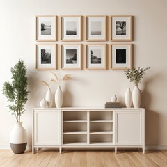 Minimalist Living Room Interior with White Cabinet and Gallery Wall