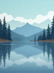 Fototapeta premium Stylized Illustration of a Lake Reflecting Mountains and Coniferous Forest