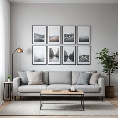 Modern Living Room Interior with Gallery Wall and Gray Sofa