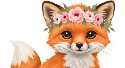 Fototapeta premium Adorable Fox with Flower Crown: A Cute Digital Painting