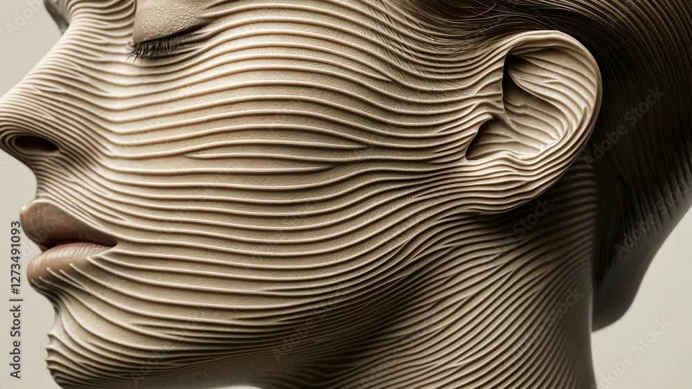 Aufkleber sculptural representation of human face showcasing intricate line patterns and textures in a creativ