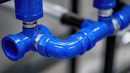 A close-up shot of a blue pipe on a concrete wall