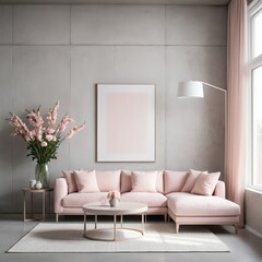 Modern Pink Living Room Interior with Concrete Wall