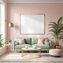 Pastel Green Sofa in Chic Living Room Interior with Gold Accents