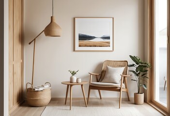 Cozy Minimalist Living Room Interior with Wooden Furniture and Natural Decor