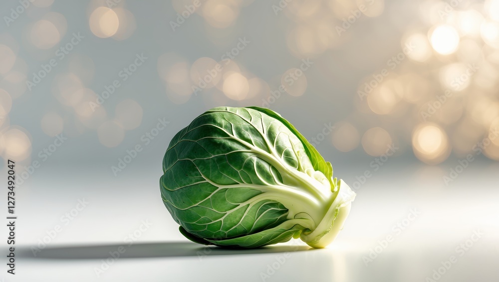 Poster brussels sprout rests on a smooth surface with soft light creating a bokeh effect in the background