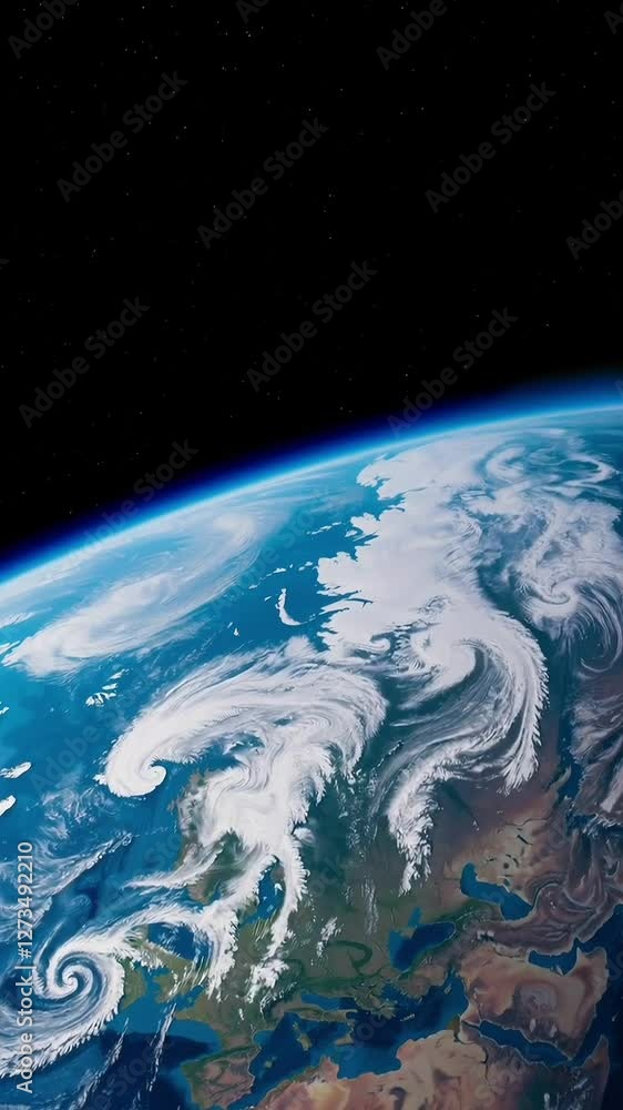 Poster dynamic earth rotation highlighting atmospheric movements and cloud patterns in space