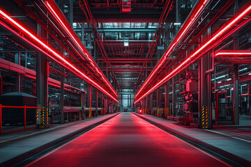 Futuristic industrial factory with red neon lights and high-tech metallic structures