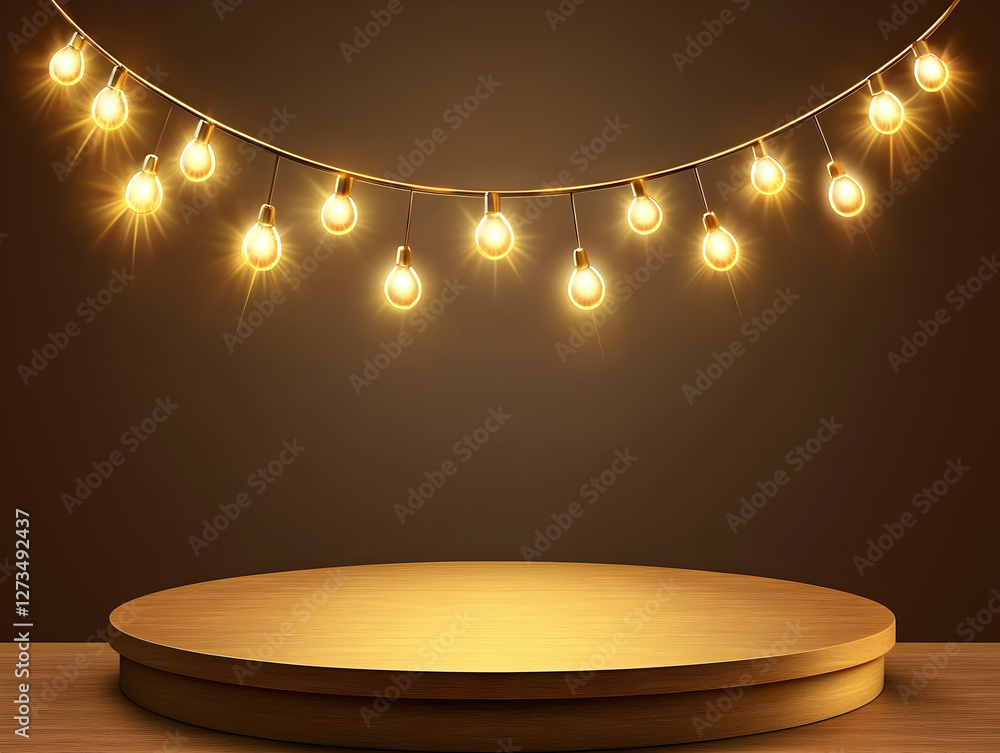Poster golden podium with string lights; festive display