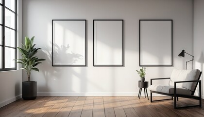 Modern Minimalist Living Room Interior with Empty Frames