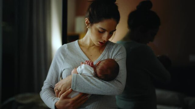 Authentic footage of a mother in pajamas at night trying to put her newborn baby to sleep in her arms. The mother is very tired and yawns and cuddles her baby in the bedroom