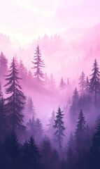 Ethereal Forest Landscape in Pink and Purple Hues with Misty Atmosphere