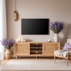 Modern Living Room Interior with Rattan Furniture and Lavender Decor