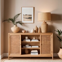 Modern Minimalist Living Room Interior with Rattan Cabinet