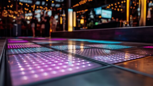 Colorful led dance floor in a vibrant nightclub setting with string lights