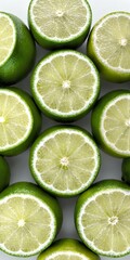 Green lime fruits on white. Top view flat lay