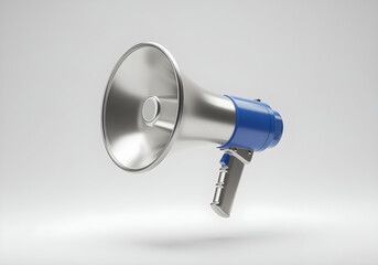 3D chrome megaphone with a blue handle, floating in a white space, dramatic lighting, isolated on a white background create with ai