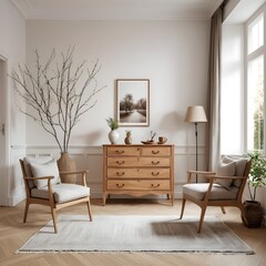 Cozy Living Room Interior with Wooden Chest of Drawers