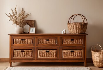 Wooden Chest of Drawers with Wicker Baskets and Pampas Grass Decor