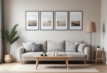 Modern Living Room Interior with Neutral Decor and Landscape Prints