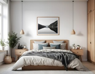 Cozy Minimalist Bedroom Interior with Lake View Artwork